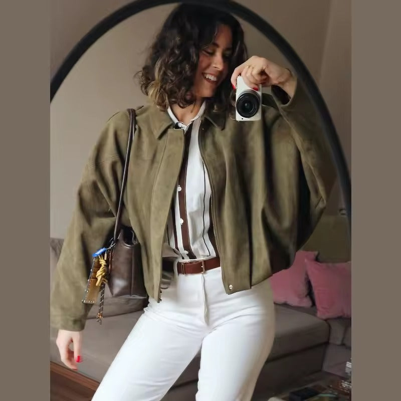 Women’s Suede Bomber Jacket – Cropped Racing Style Lapel Coat with Zipper, Long Sleeve High Street Outerwear