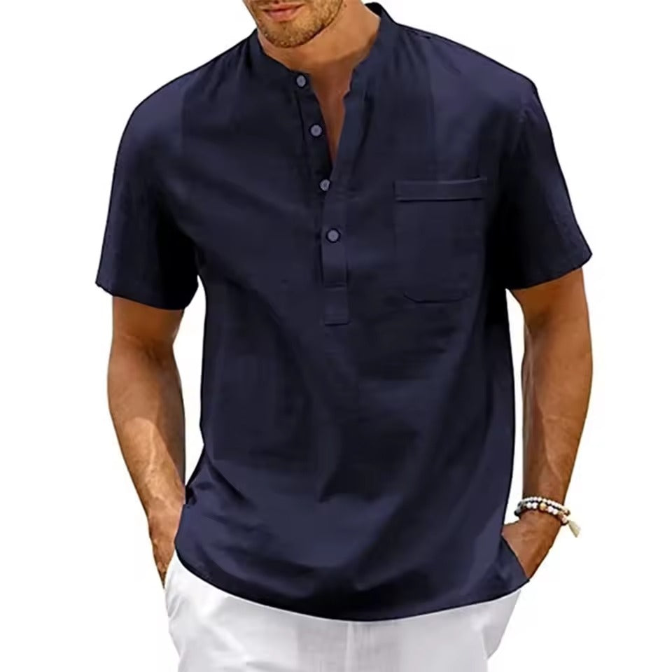 Men’s Cotton Linen Henley Shirt – Short Sleeve Casual Beachwear with Pocket, Lightweight Vintage Summer Top