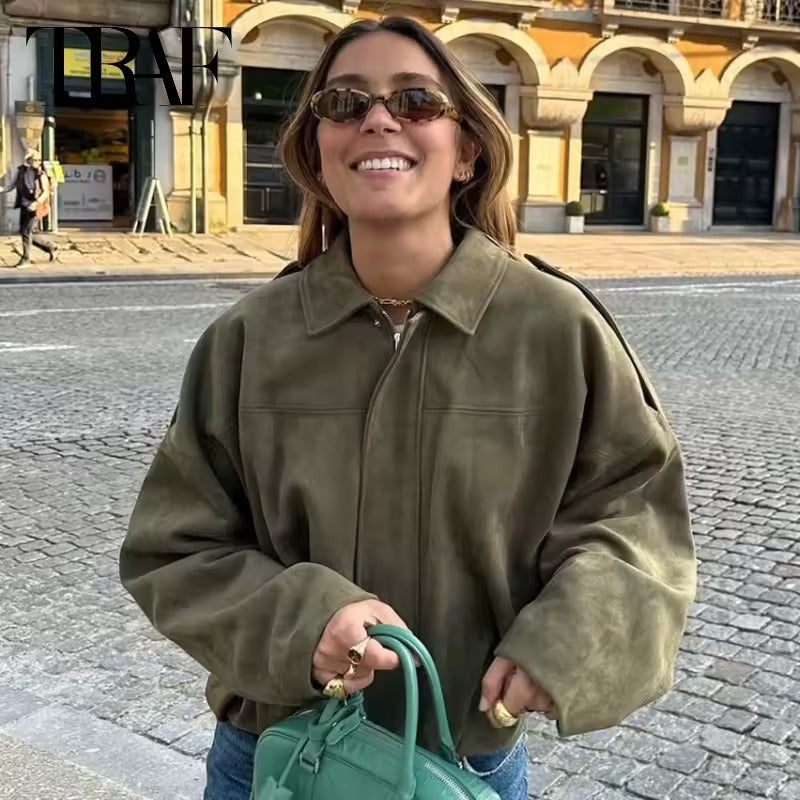 Women’s Suede Bomber Jacket – Cropped Racing Style Lapel Coat with Zipper, Long Sleeve High Street Outerwear