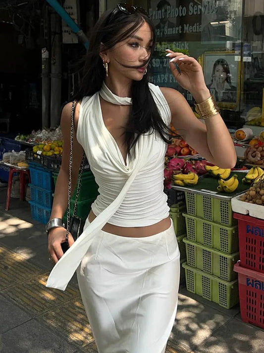 Women’s Summer V-Neck Sleeveless Knit Tank Top – Slim Fit Casual Streetwear & Elegant Bandage Style