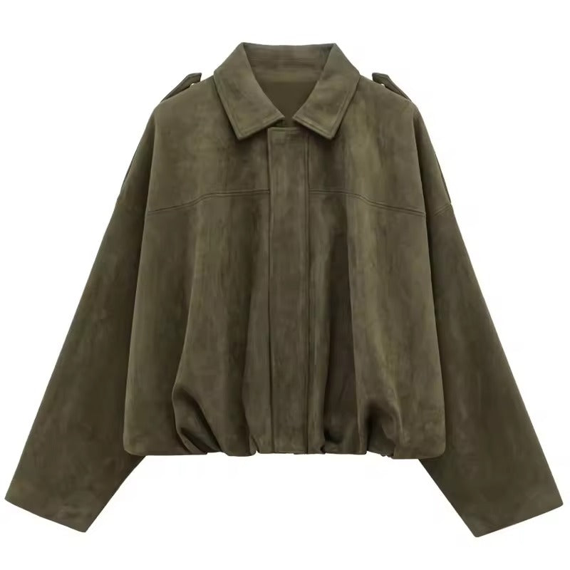 Women’s Suede Bomber Jacket – Cropped Racing Style Lapel Coat with Zipper, Long Sleeve High Street Outerwear