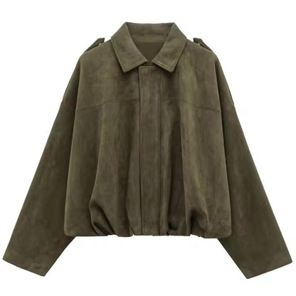Women’s Suede Bomber Jacket – Cropped Racing Style Lapel Coat with Zipper, Long Sleeve High Street Outerwear