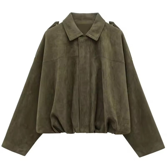 Women’s Suede Bomber Jacket – Cropped Racing Style Lapel Coat with Zipper, Long Sleeve High Street Outerwear
