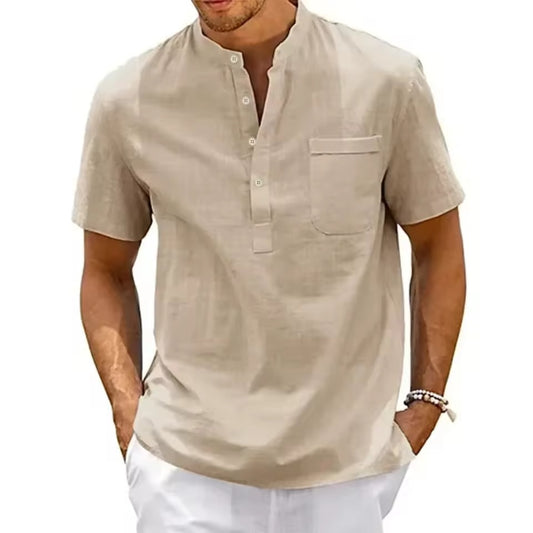 Men’s Cotton Linen Henley Shirt – Short Sleeve Casual Beachwear with Pocket, Lightweight Vintage Summer Top