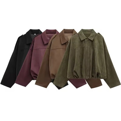 Women’s Suede Bomber Jacket – Cropped Racing Style Lapel Coat with Zipper, Long Sleeve High Street Outerwear