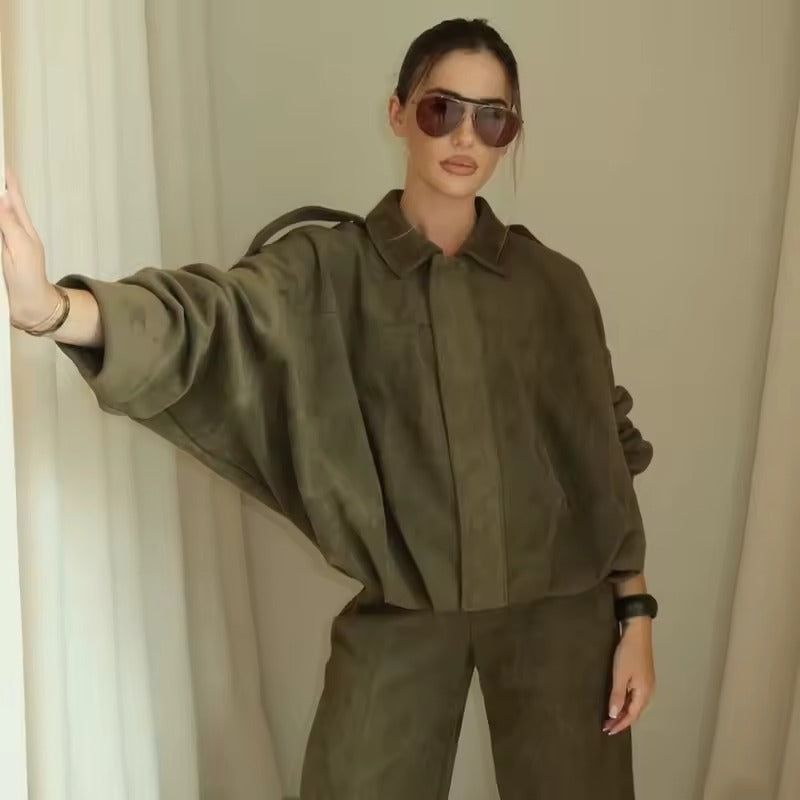 Women’s Suede Bomber Jacket – Cropped Racing Style Lapel Coat with Zipper, Long Sleeve High Street Outerwear