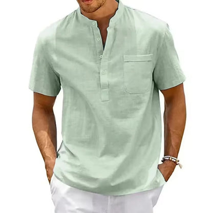 Men’s Cotton Linen Henley Shirt – Short Sleeve Casual Beachwear with Pocket, Lightweight Vintage Summer Top