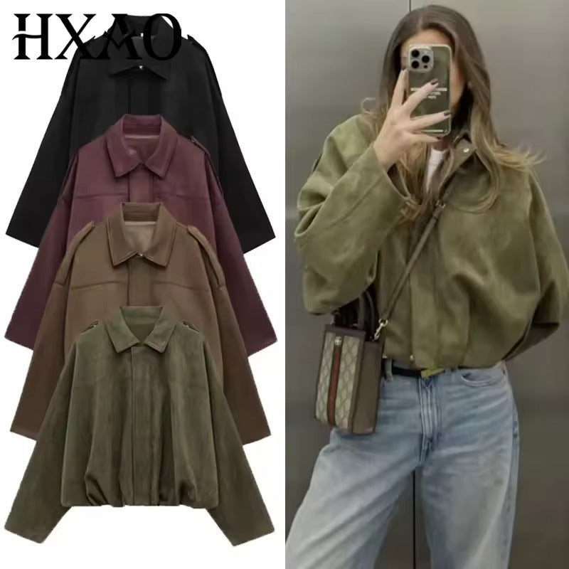 Women’s Suede Bomber Jacket – Cropped Racing Style Lapel Coat with Zipper, Long Sleeve High Street Outerwear