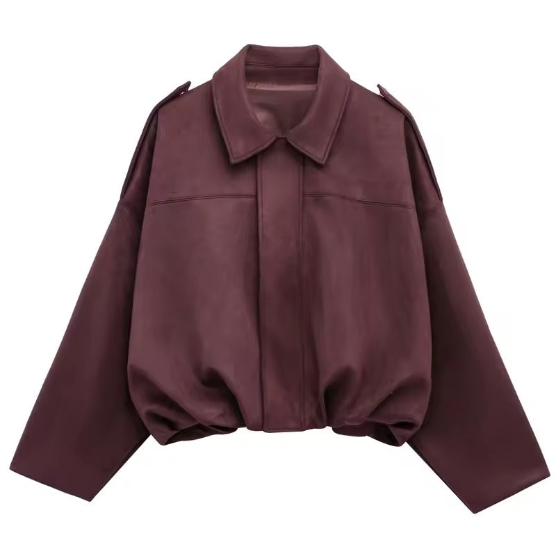 Women’s Suede Bomber Jacket – Cropped Racing Style Lapel Coat with Zipper, Long Sleeve High Street Outerwear