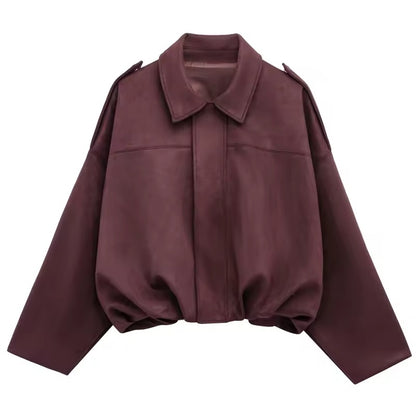 Women’s Suede Bomber Jacket – Cropped Racing Style Lapel Coat with Zipper, Long Sleeve High Street Outerwear