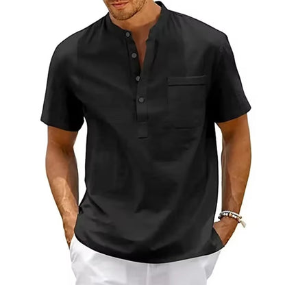 Men’s Cotton Linen Henley Shirt – Short Sleeve Casual Beachwear with Pocket, Lightweight Vintage Summer Top