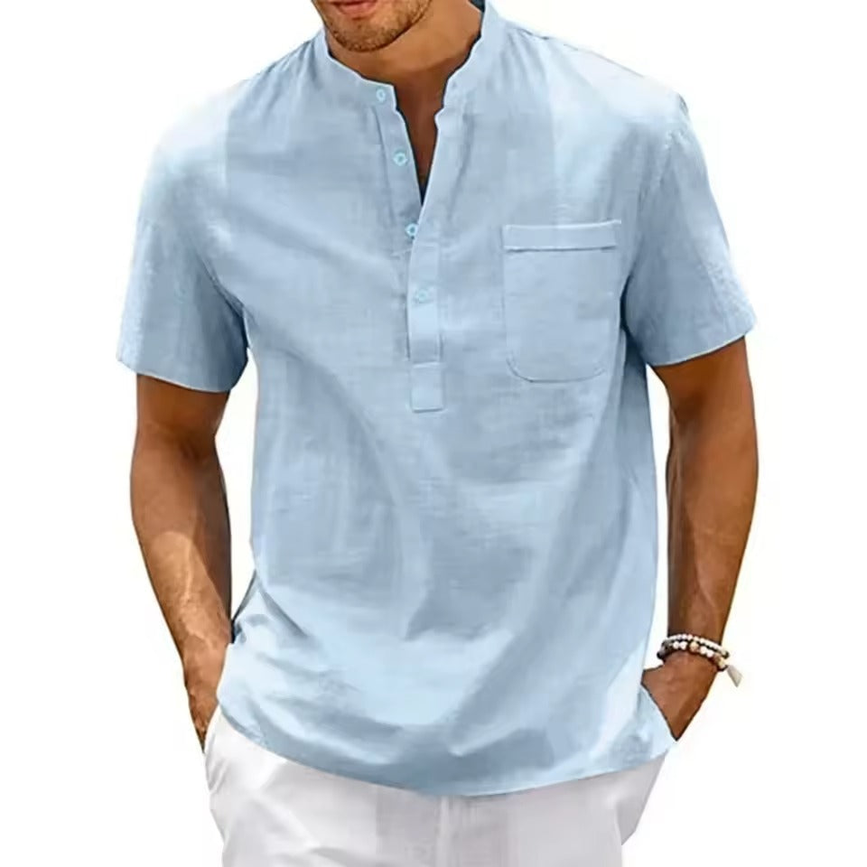 Men’s Cotton Linen Henley Shirt – Short Sleeve Casual Beachwear with Pocket, Lightweight Vintage Summer Top