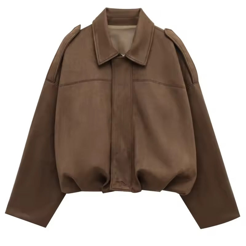 Women’s Suede Bomber Jacket – Cropped Racing Style Lapel Coat with Zipper, Long Sleeve High Street Outerwear