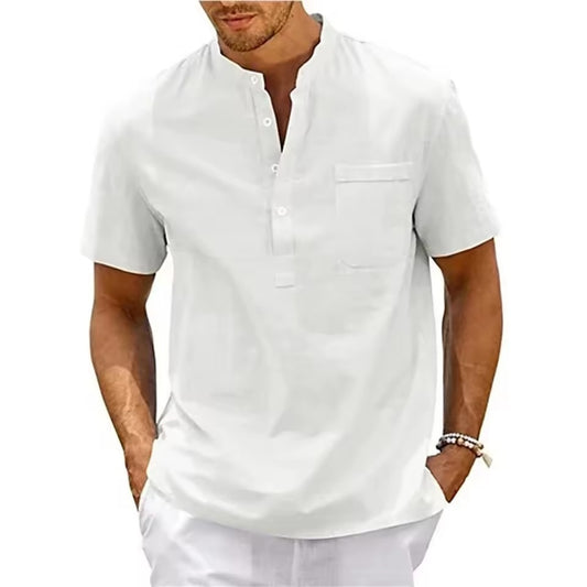 Men’s Cotton Linen Henley Shirt – Short Sleeve Casual Beachwear with Pocket, Lightweight Vintage Summer Top